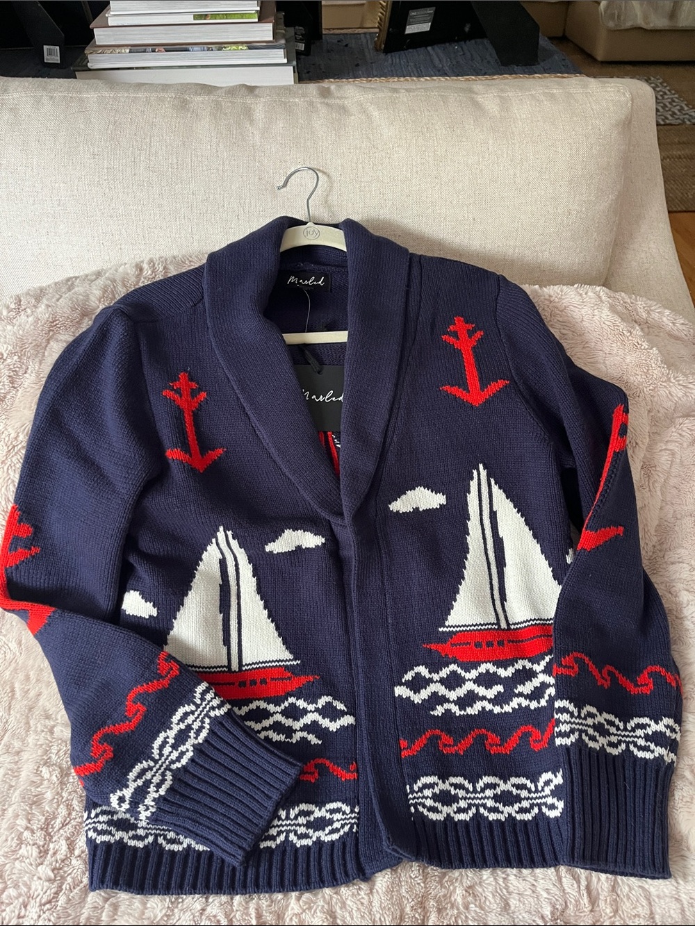 Women's Nautical Navy Anchors & Sailboats Open Front Sweater
